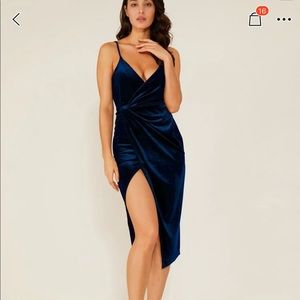 Navy velvet thigh high slit dress